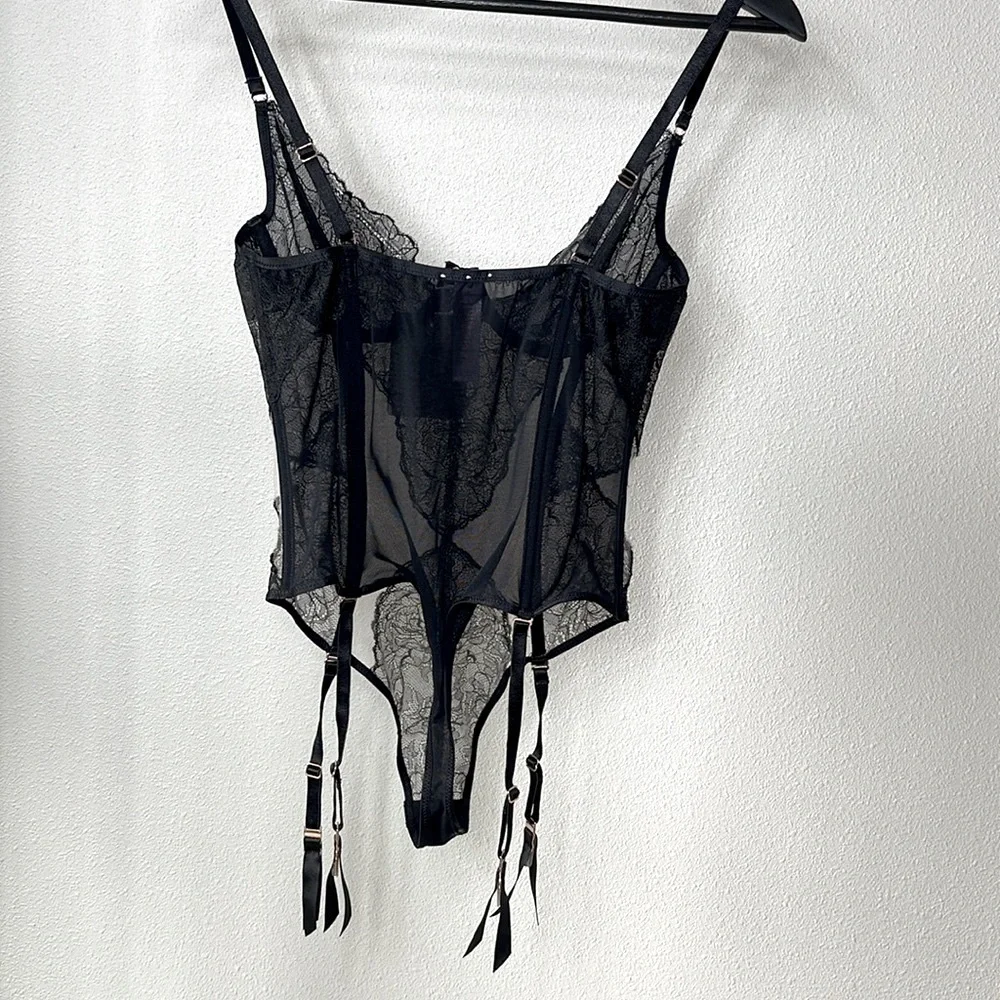 Savage X Fenty by Rihanna Black Lace & Tan Mesh Sheer Bodysuit Teddy Size Small